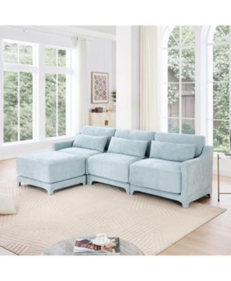Chenille 3-Seater Sofa w/ Ottomans - Sky Blue