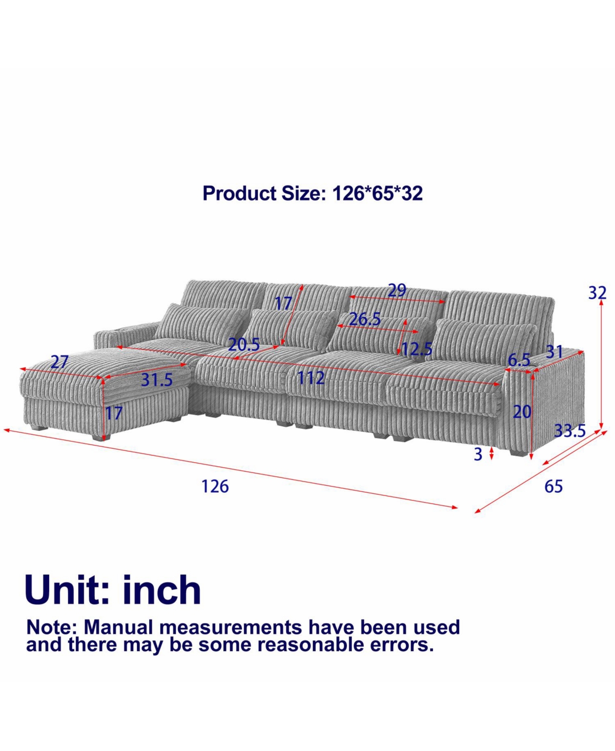 Streamdale Furniture Corduroy L-Shaped Sofa w/ Cup Holder Usb Pillows