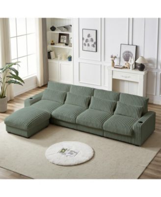 Corduroy L-Shaped Sofa w/ Cup Holder USB Pillows