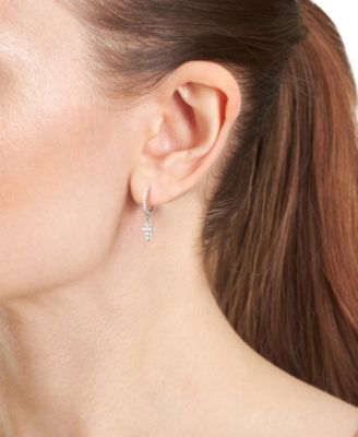 Cubic Zirconia Religious Cross Charm Dangle Huggie Hoop Earrings