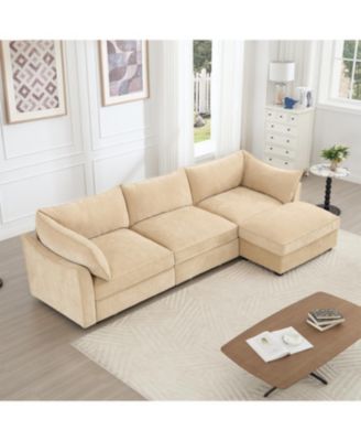 L-Shaped 3-Seater Chenille Sofa with Footstool - Wheat