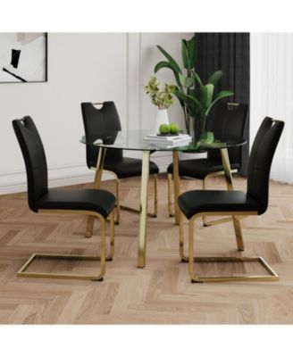 Glass Circle Table PU Dining Chair Set (5)