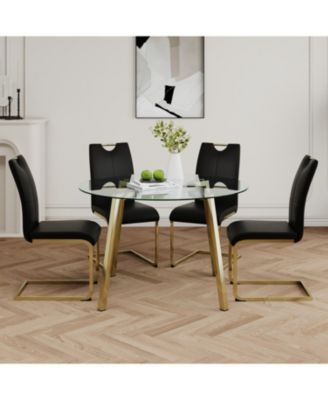 Glass Circle Table PU Dining Chair Set (5)