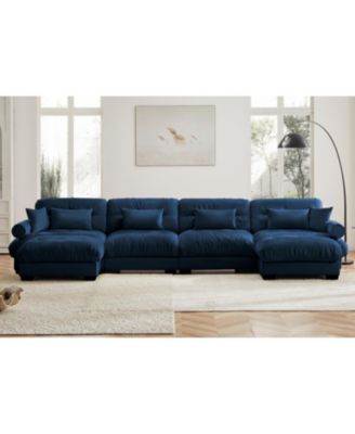 U Shaped Sectional Cloud Couch, Movable Ottomans, Velvet, Blue
