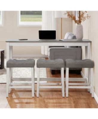Bar Table Set with 3 Stools, Power Outlet, White & Grey