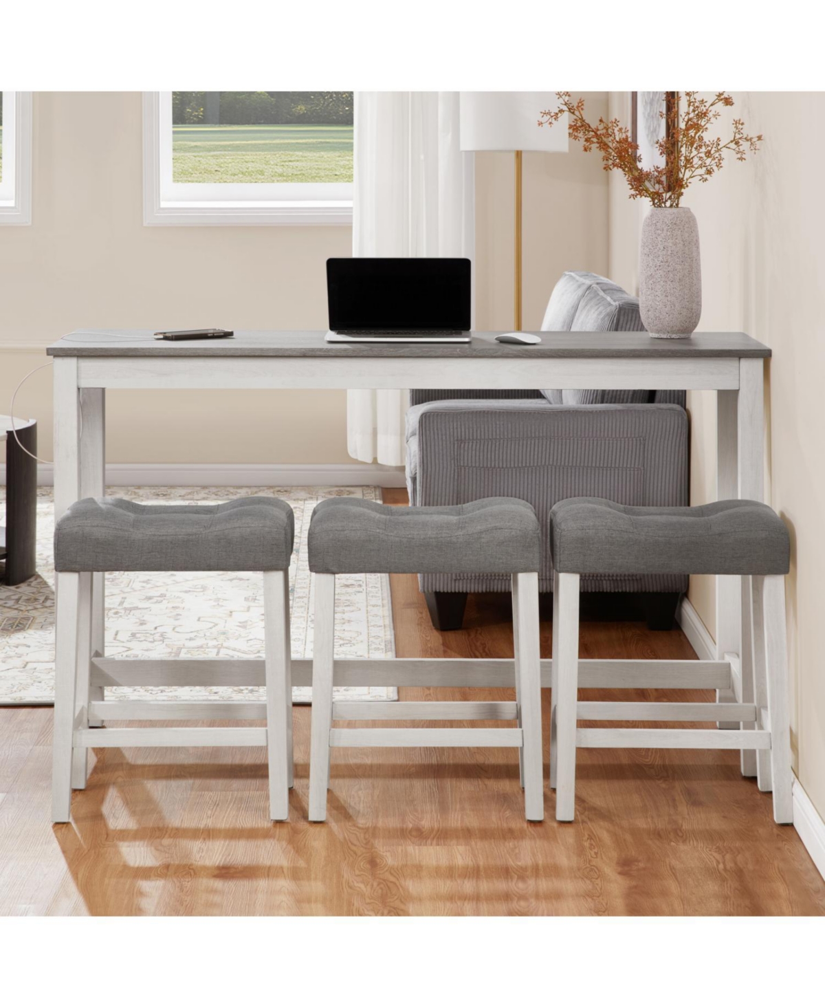 Streamdale Bar Table Set with 3 Stools, Power Outlet, White & Grey