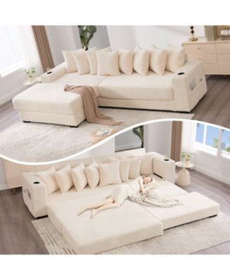 Corduroy L-Shaped Sectional Sofa with Ottoman, Pillows & Cup Holders - Beige