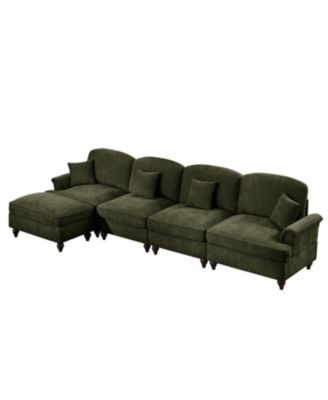 Green Chenille Sectional Sofa with Ottoman