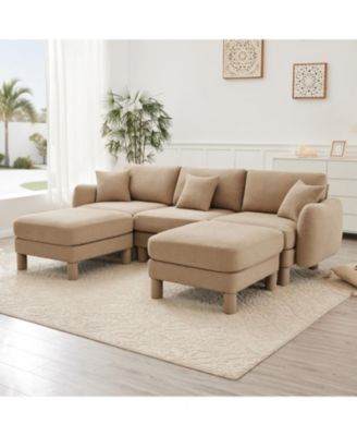  Boucle U-Shape Sectional Sofa with Ottomans & Shell Armrests - Coffee