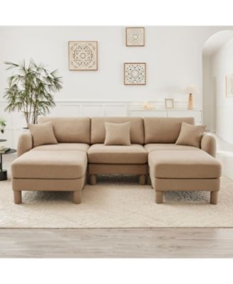  Boucle U-Shape Sectional Sofa with Ottomans & Shell Armrests - Coffee