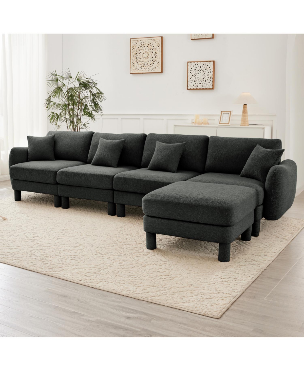 Streamdale Furniture Boucle 4-Seater Sectional Sofa with Ottoman, Shell Armrests