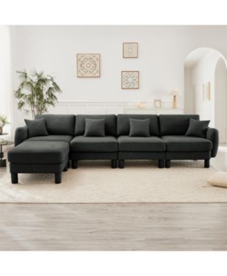 Boucle 4-Seater Sectional Sofa with Ottoman, Shell Armrests