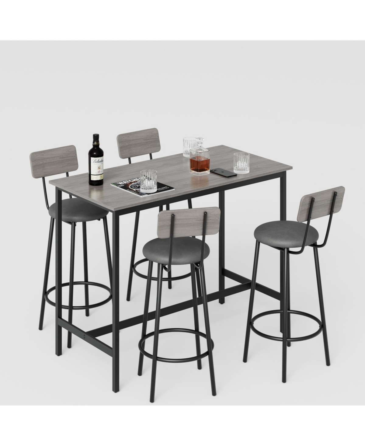 Streamdale Furniture Grey Bar Table Set with 4 Stools, Backrest, 47.24"L