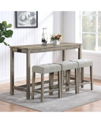 Bar Table & Chairs Set w/ Power Outlet - 4 Piece Dining Set
