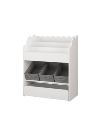 Kids Bookshelf with Storage Bins & Drawer - White Wooden Book Organizer