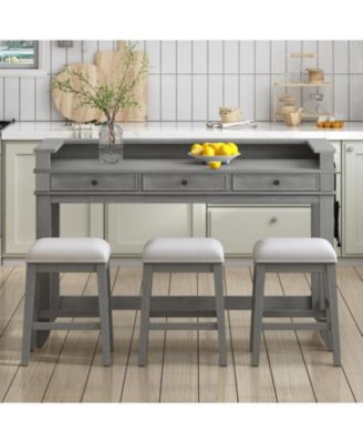 4-Piece Retro Dining Table Set with 3 Storage Drawers (Light Grey)