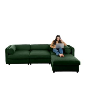 Elegant Green Chenille L-Shaped Sofa with Storage and Ottoman.