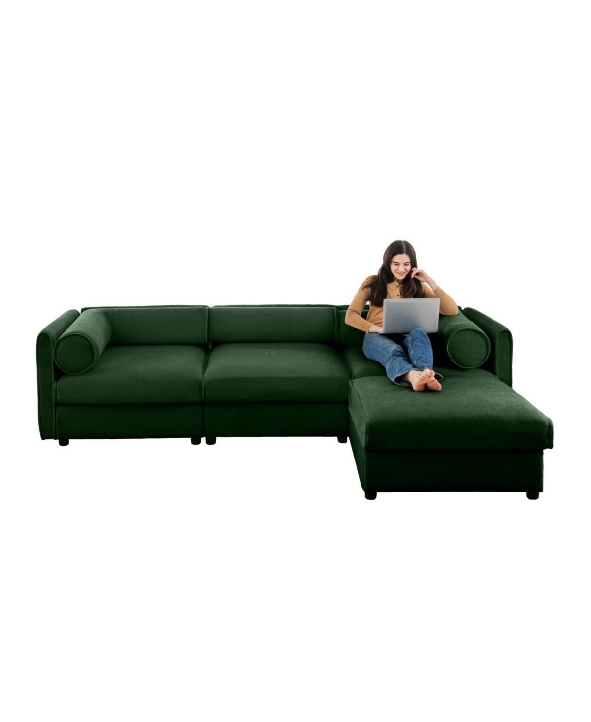 Streamdale Furniture Elegant Green Chenille L-Shaped Sofa with Storage and Ottoman.