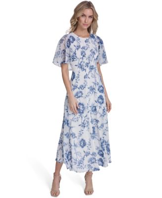 Calvin Klein Women's Cape-Sleeve Smocked Printed Dress - Cream Multi - Size 4