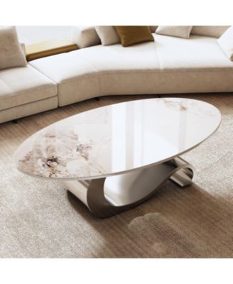 49" Faux Marble Oval Coffee Table, Steel Base