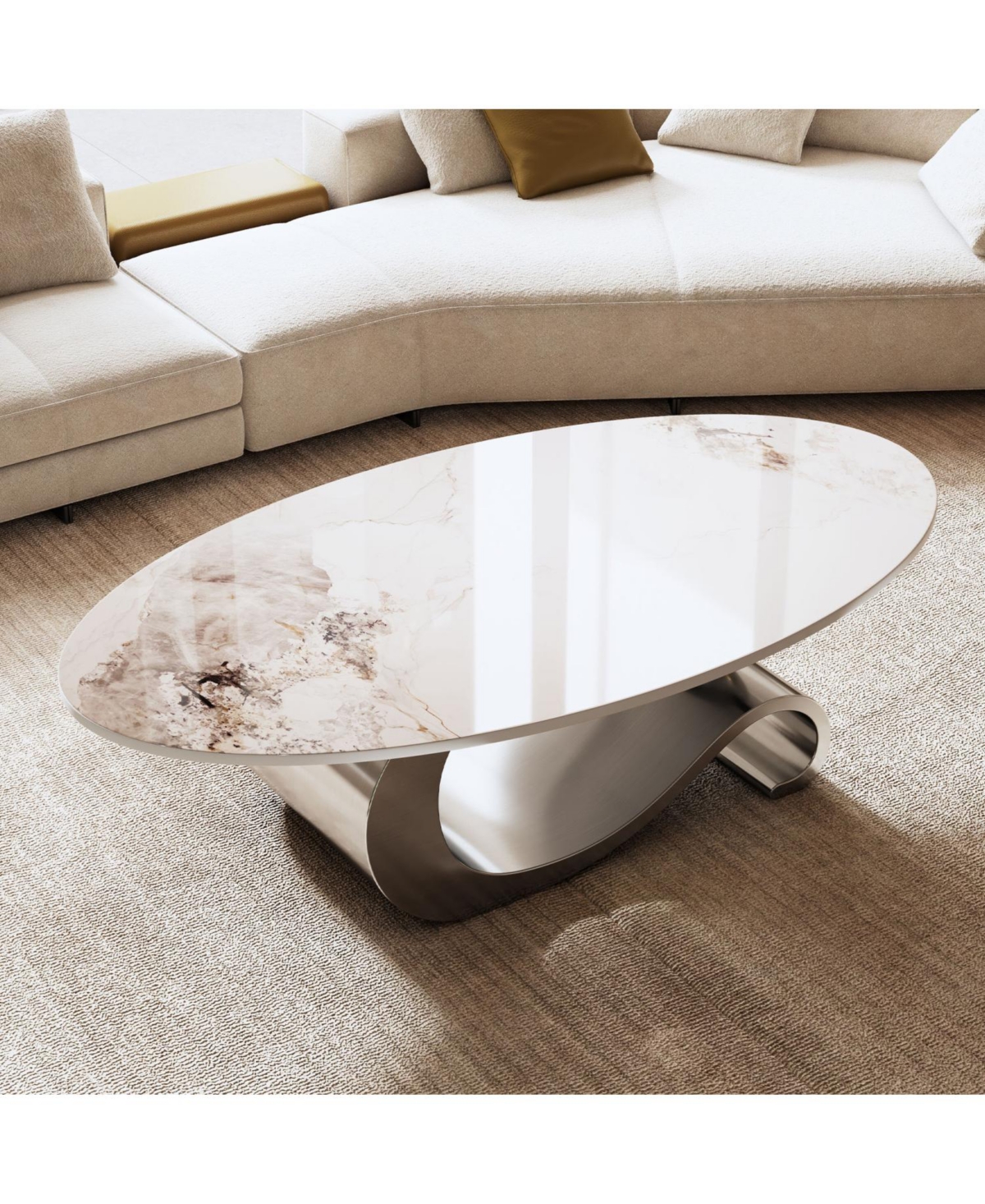 Streamdale Furniture 49" Faux Marble Oval Coffee Table, Steel Base