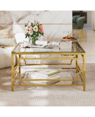  Square Glass Coffee Table, Gold Geometric Frame, Lower Shelf