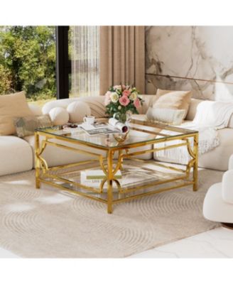  Square Glass Coffee Table, Gold Geometric Frame, Lower Shelf