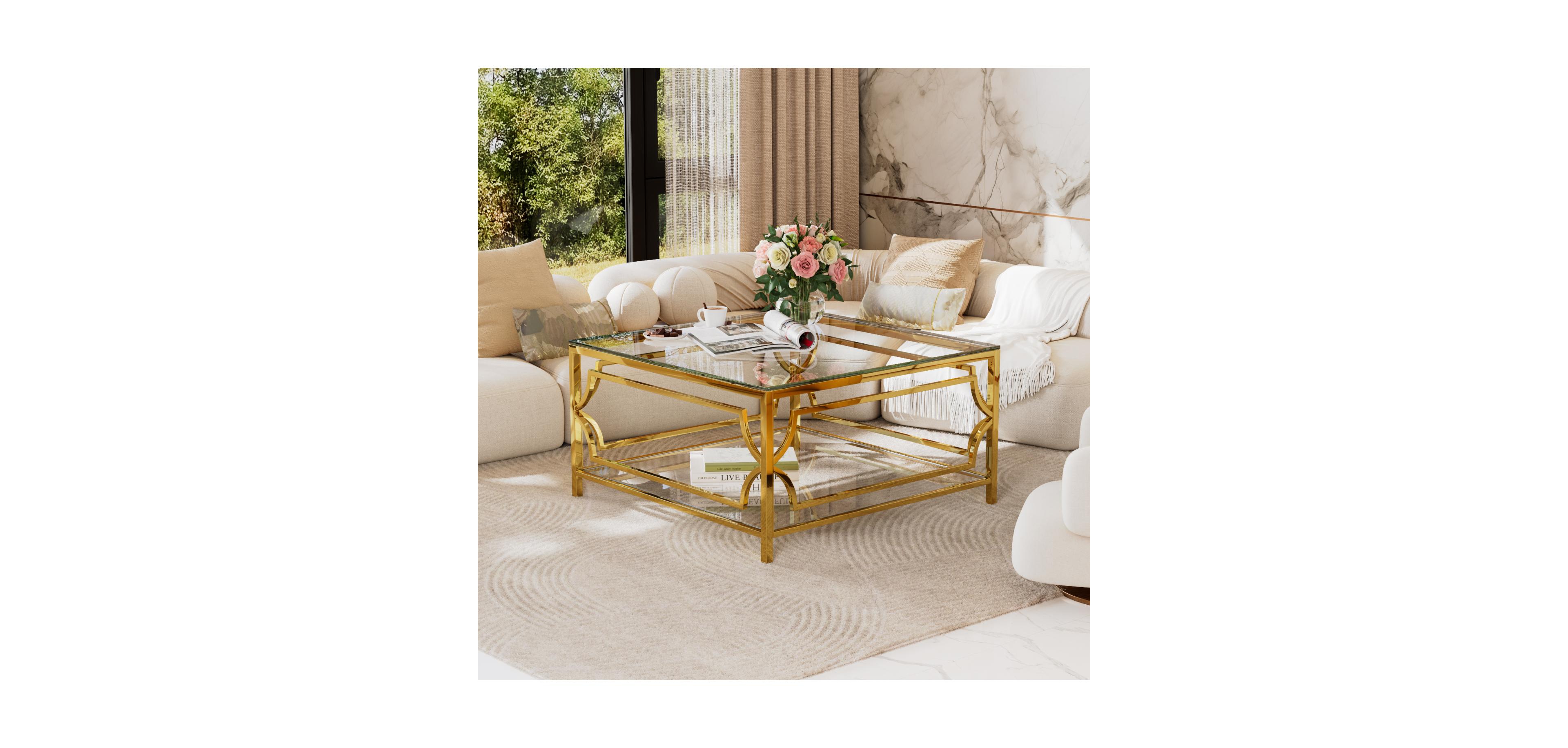 Streamdale Furniture Square Glass Coffee Table, Gold Geometric Frame, Lower Shelf