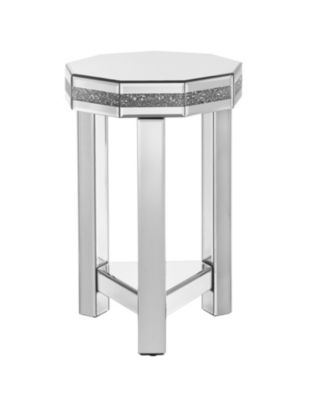 Mirrored Octagon End Table with Crystals, 2-Tier Silver Accent Table