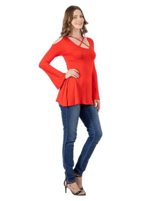 Women's Criss-cross Cold Shoulder Long Sleeve Top