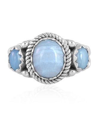 Sterling Silver Blue Lace Agate 3-Stone Ring, Sizes 5 to 11