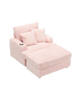 Corduroy Armchair & Ottoman Set with Cup Holder