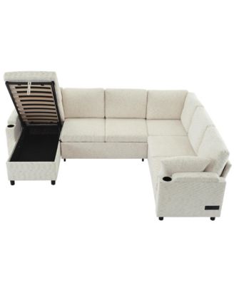 109.9" U-Shaped Sectional Sofa Bed with Storage, Cup Holders & Charging
