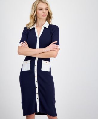 Women's Ribbed Knit Contrast Trim Sheath Dress