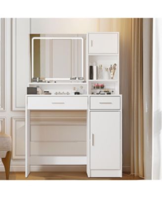 Vanity Desk with Mirror, LED Light, Drawer & Storage
