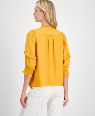 Women's Smocked Ruffle-Trim Elbow-Sleeve Top