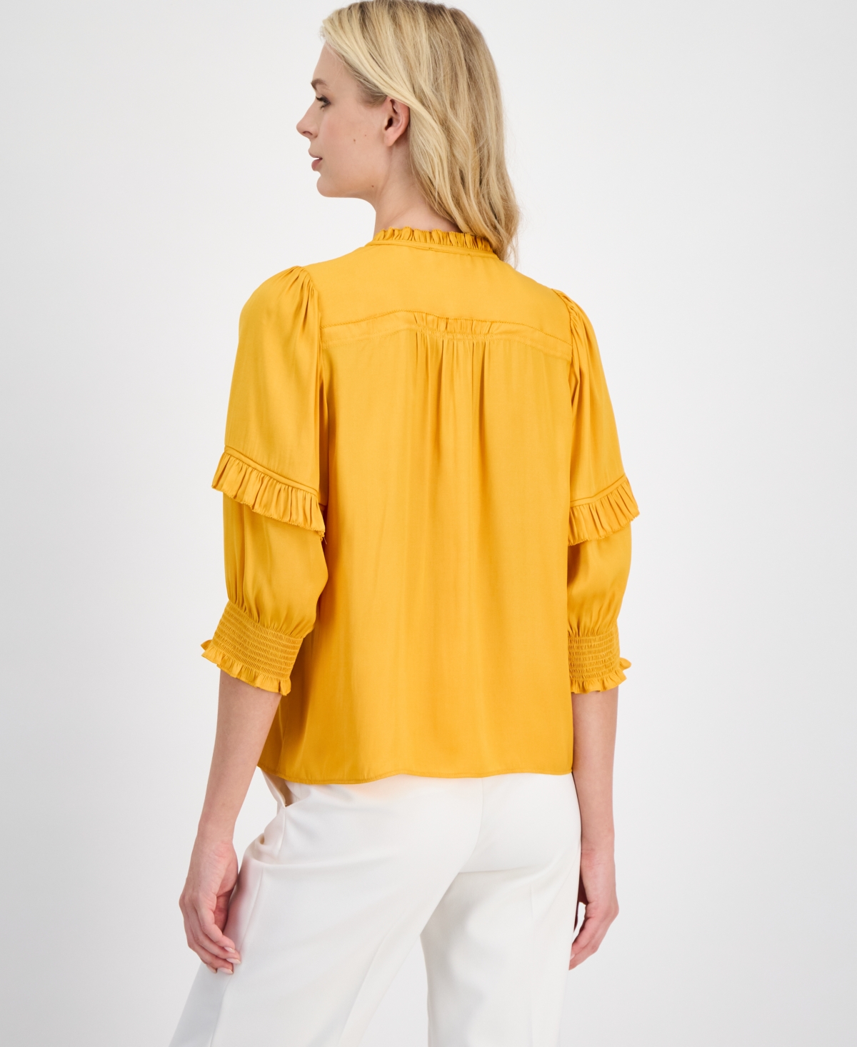 T Tahari Women's Smocked Ruffle-Trim Elbow-Sleeve Top