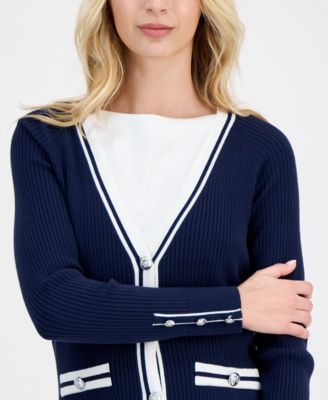 Women's Contrast-Trim Ribbed Knit Button-Front Cardigan
