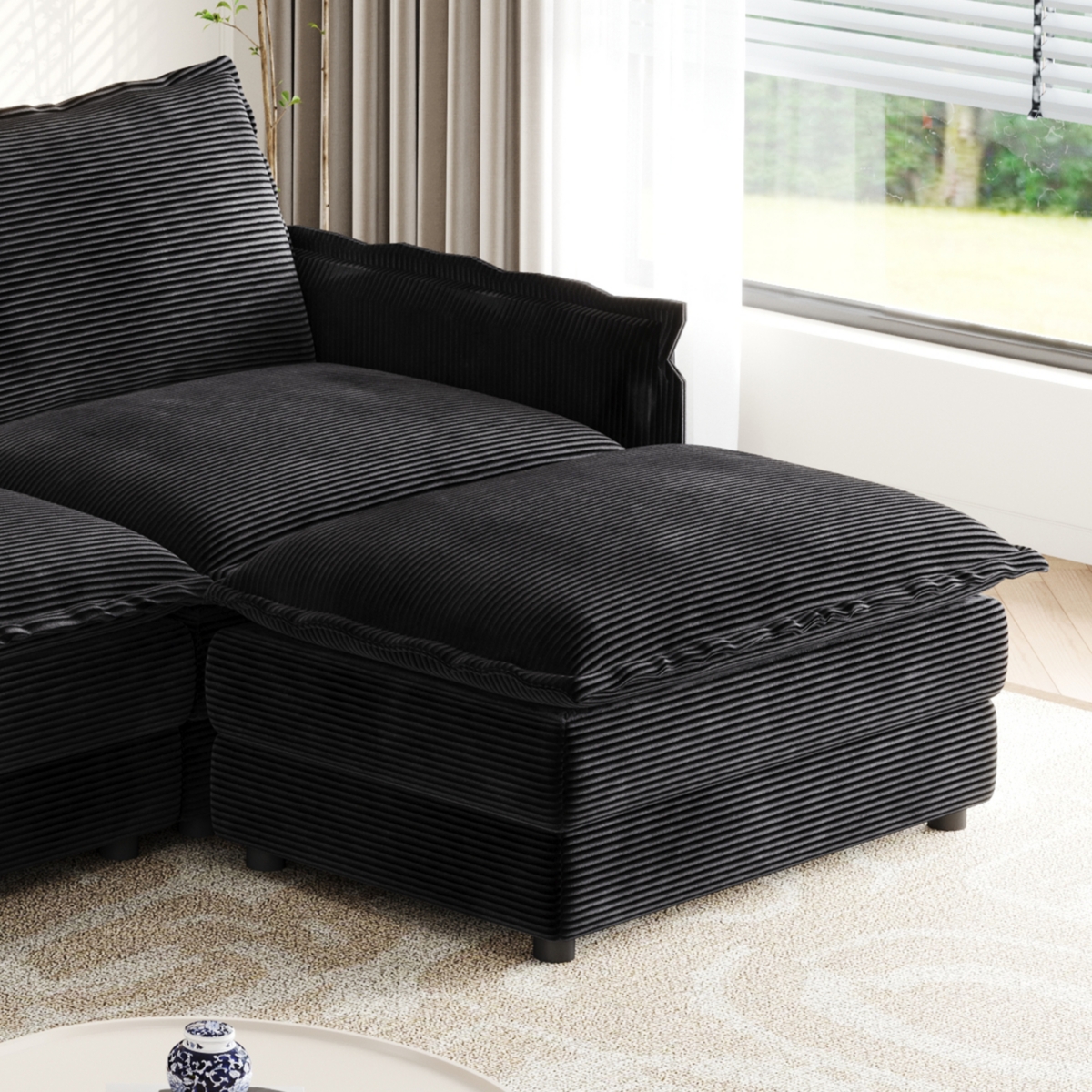 Streamdale Furniture Corduroy 3-Seater Cloud Couch with Footrests & Cushions