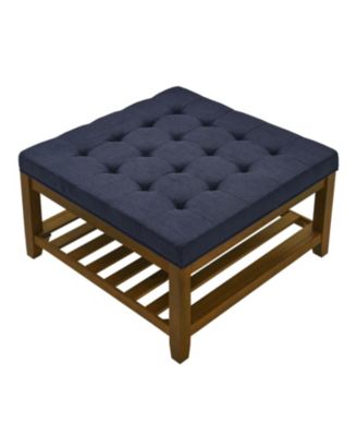 Streamdale Navy Blue Linen Tufted Ottoman w/ Wood Frame & Shelf
