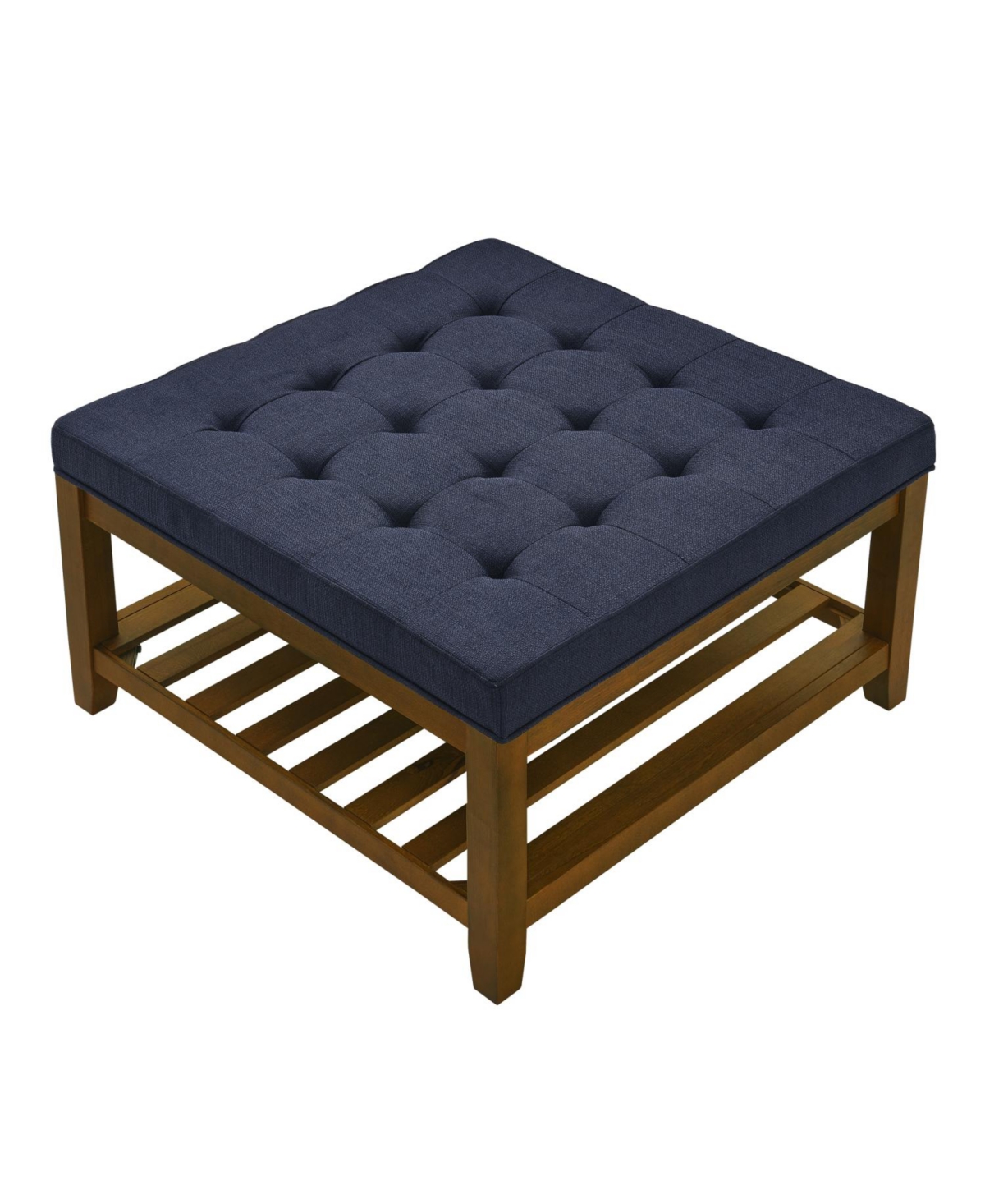 Streamdale Navy Blue Linen Tufted Ottoman w/ Wood Frame & Shelf