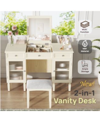Vanity Desk Flip-Top Mirror Drawer Cabinet Oak