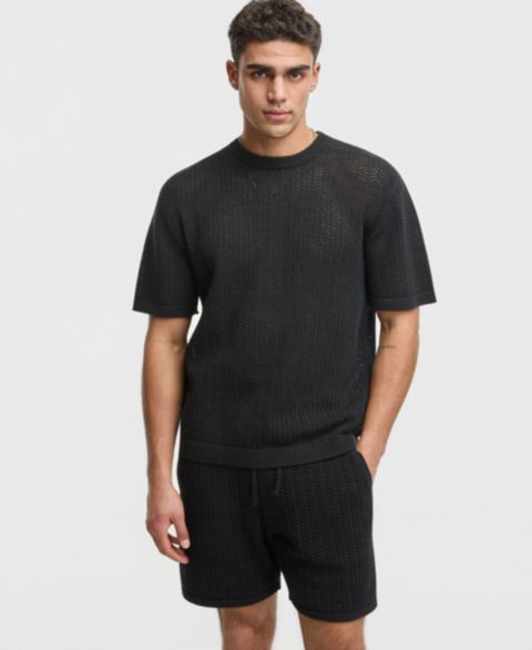 Мужской свитер Mode of One Relaxed-Fit Rio Crewneck Short-Sleeve Sweater, цвет: Глубокий чёрный