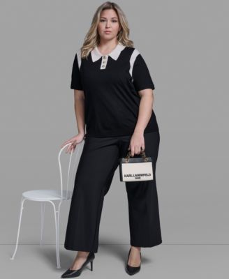 Plus Size Solid Short-Sleeve Polo Sweater