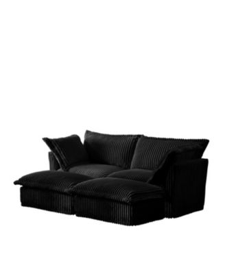 Black Corduroy 2-Seater Sofa with Ottomans
