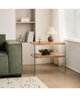 MDF SideTable, Small Tea Table, Walnut Night Stand Tempered Glass Sofa Table