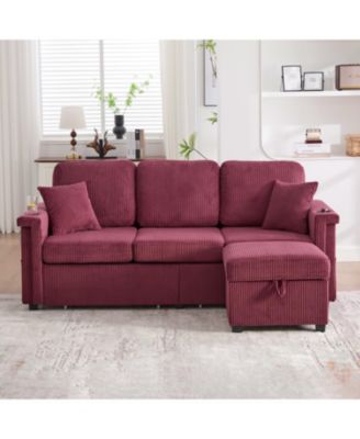 L-Shaped Sectional Sofa w/ Storage Ottoman, USB, Cup Holder, Corduroy