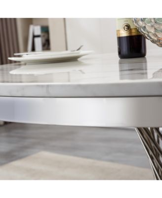 47" Round Marble Dining Table, High Gloss Faux Marble Top, Stainless Steel Base