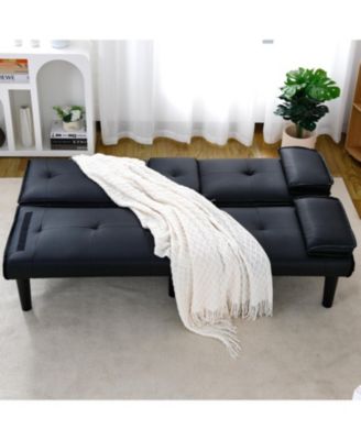 67" Black PVC Multifunctional Sofa Bed with Foldable Design & Cup Holder
