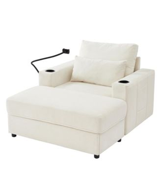Modern Armchair Chaise Lounge Sofa with Ottoman, USB Ports & Cup Holders